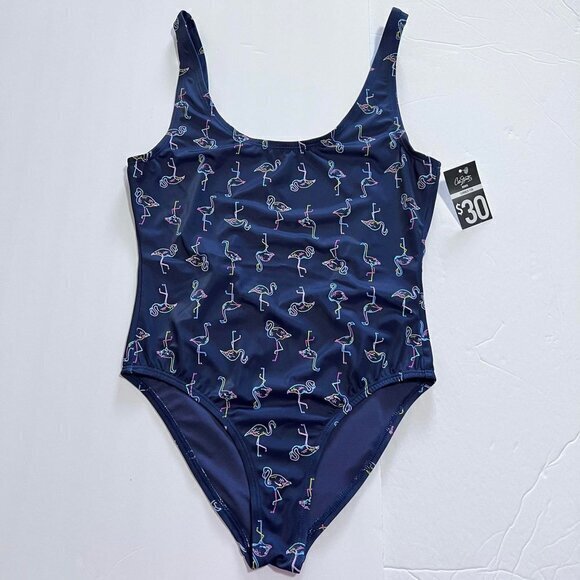 City Streets Women's One-Piece Navy-Blue Swimsuit with Neon Flamingo Print - Picture 12 of 12